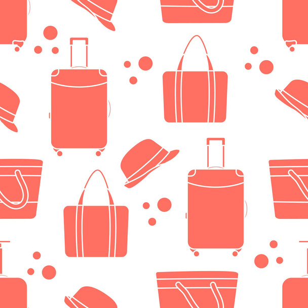 Vector travel seamless pattern Illustration with suitcase, sun hat, beach bag. Summer time, vacation, holiday, leisure background. Concept for travel agency. Design wrapping, fabric, print - ベクター画像