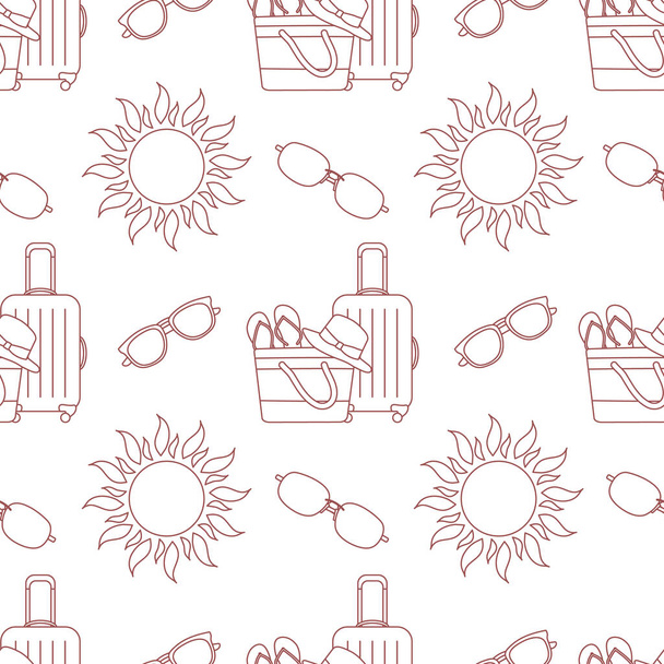 Vector travel seamless pattern Illustration with suitcase, beach bag, flip flops, sun, sun hat, sunglasses. Summer time, vacation, holiday, leisure background. Design wrapping, fabric, print - Vektör, Görsel