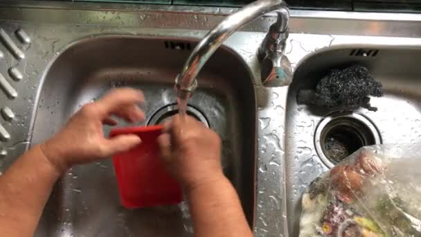 Main de femme asiatique âgée lave-vaisselle, bol et tasse avec de l'eau et du savon à l'eau de l'évier dans la cuisine rustique, vue sur le dessus
. - Séquence, vidéo