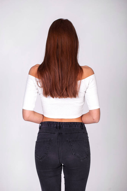 Brown hair back view. Close up woman, studio indoor - Photo, Image