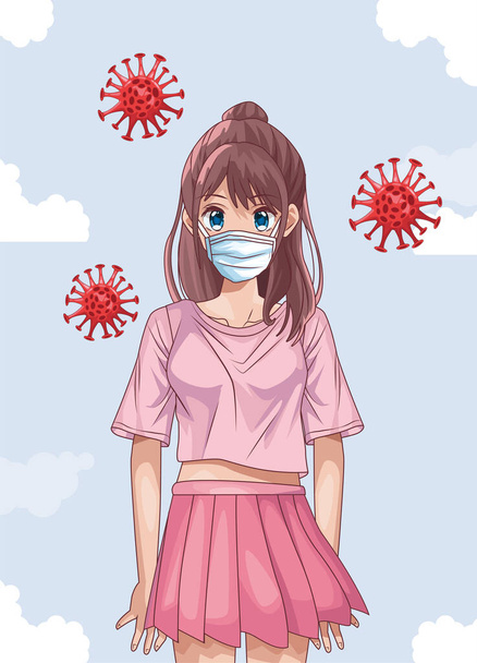 schöne Frau mit Gesichtsmaske und covid19 Teilchen Anime-Stil - Vektor, Bild