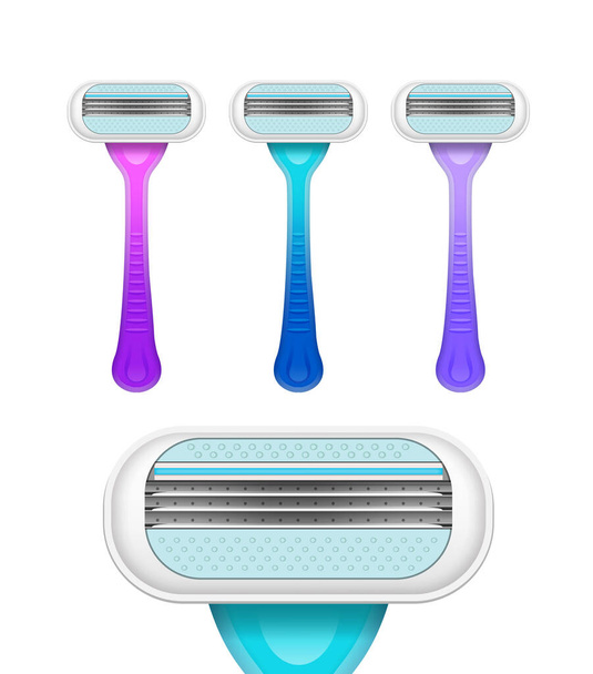 Hair removal instruments. Set of razors in different colors. Vector realistic illustration isolated on white - Vector, Image