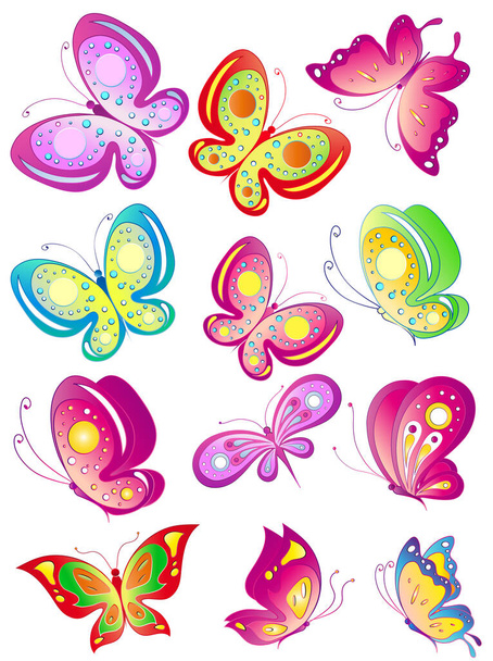 Set of bright colorful butterflies isolated on white background, spring concept  - Фото, изображение