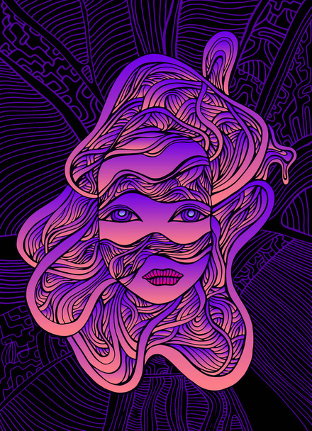 Фантастична дівчина кіборга стикається з дротами, яскраво-рожевим фіолетовим градієнтом, ізольованим темно-фіолетовим контуром на чорному тлі. Векторна креативна рука намальована ілюстрація з обличчям дівчини-андроїда
.  - Вектор, зображення