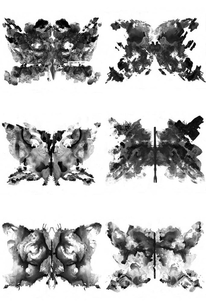 Набор теста Роршаха сделан с чернильным пятном. Психологический тест. Изолированный силуэт черных бабочек
. - Фото, изображение