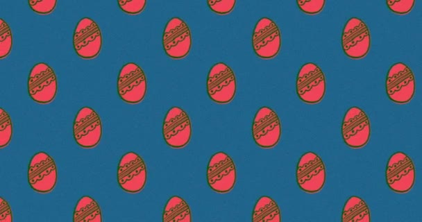 Animation of multiple rows of patterned red Easter eggs moving in formation in seamless loop on blue background. 4k - Metraje, vídeo