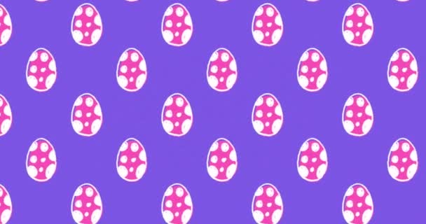 Animation of multiple rows of patterned white and pink spotted Easter eggs moving in formation in seamless loop on purple background. Easter celebration tradition concept digitally generated image. 4k - Video