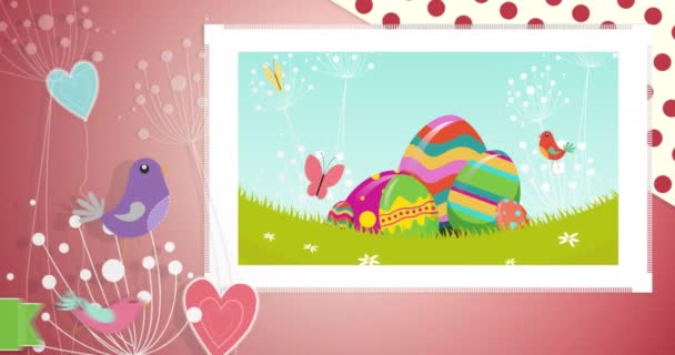 Animation of the words Happy Easter written in white letters on green banner with hearts, bird, patterned painted Easter eggs and butterflies in spring countryside on red background. 4k - Séquence, vidéo