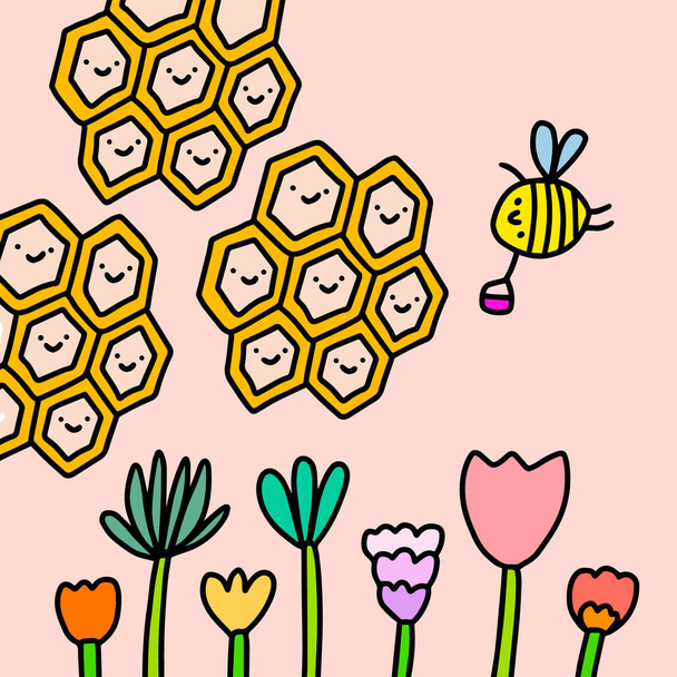 Propolis miel mano dibujado vector ilustración en dibujos animados estilo cómic abeja recolección de flores de néctar floreciendo
 - Vector, Imagen