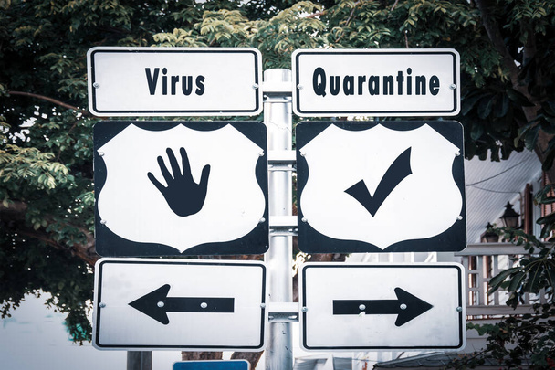 Straßenschilder auf dem Weg zur Quarantäne versus Virus - Foto, Bild