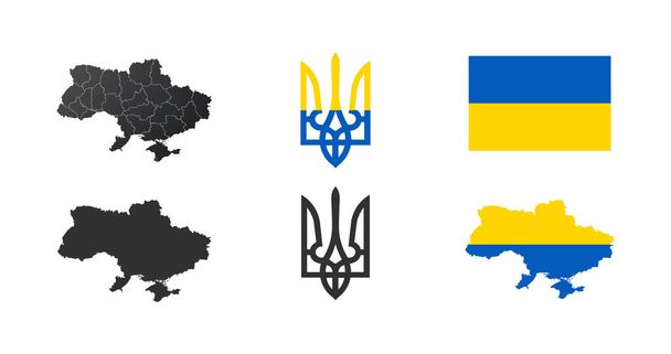 Attribute der Ukraine, Landkarte Dreizack und Flagge. Aktienvektorabbildung isoliert - Vektor, Bild