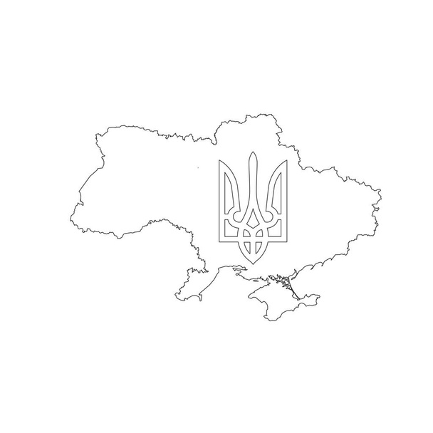 Kaart van Oekraïne met Tryzub. Oekraïense wapenschild, drietand nationaal symbool. Voorraadvectorillustratie geïsoleerd - Vector, afbeelding