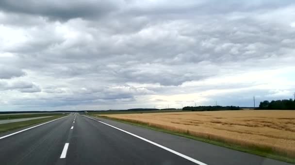 Un disparo a través del parabrisas de un coche que recorre la autopista de Bielorrusia contra el fondo del cielo con densas nubes y campos
. - Imágenes, Vídeo