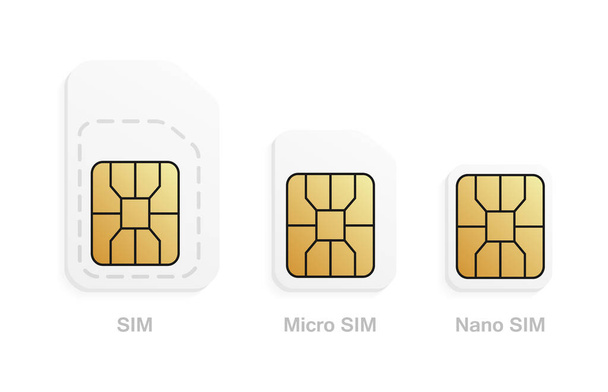 Mobil SIM kártyatípusok készlete. Mobiltelefon kártya - Normál, Mikro, Nano. - Vektor, kép
