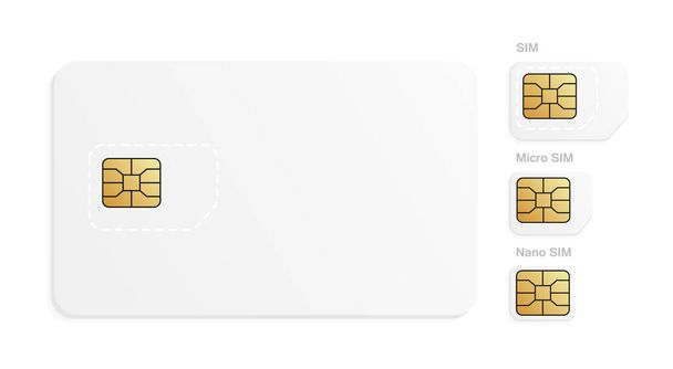 Realisztikus mobil SIM kártya készlet. Különböző típusú telefonkártyák - Normál, Micro, Nano - Vektor, kép