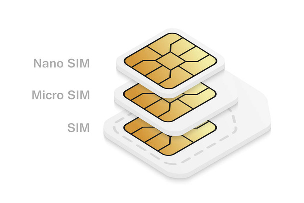 Diferentes tamaño de la tarjeta SIM móvil. Tarjeta de teléfono estándar, micro y nano
. - Vector, imagen