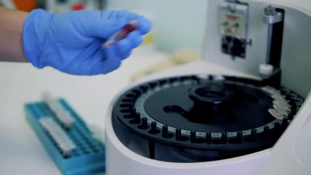 Covid-19, coronavirus, coronavirus comcept. Test sample is being shaken and inserted into a centrifuge - Πλάνα, βίντεο