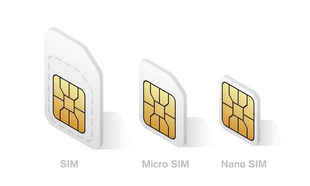 Conjunto de diferentes tipos de cartão SIM em estilo isométrico. Cartão de telefone celular - Normal, Micro, Nano
. - Vetor, Imagem