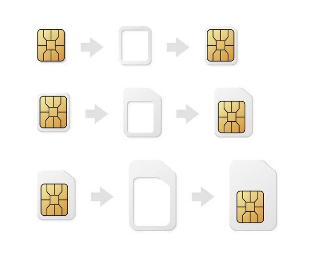 eSIM para Nano, Nano para Micro, Micro para adaptador de cartão SIM normal. Conversor de cartão SIM de telefone definido
. - Vetor, Imagem