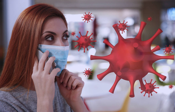 Woman with medical mask talking on phone indoors during coronavirus outbreak - Foto, Bild