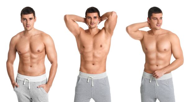 Collage of man with sexy body on white background - Foto, afbeelding