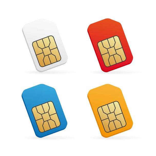 Realisztikus színű SIM kártya készlet. Mobil mobiltelefon SIM-kártya. - Vektor, kép