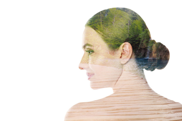 Picturesque landscape and beautiful woman on white background. Double exposure - Photo, image