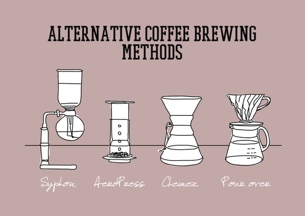 Hipster dibujado a mano métodos alternativos de elaboración de café. Sírvelo, expreso. Diseño vectorial
 - Vector, imagen