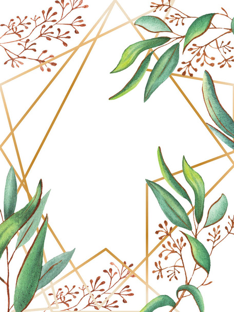 eukaliptusz levelek akvarell, arany vonalak, arany keret, esküvő, parfüm, zöld, finom, akvarell, aromaterápia, vadvirág, scrapbook, papír, díszítő elem - Fotó, kép
