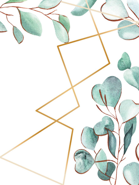 eucalyptus leaves watercolor, gold lines, gold frame, wedding, perfume, green,delicate, aquarelle, aromatherapy, wildflower, scrapbook, paper, ornament element - Photo, Image