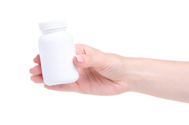 White jar of pills medicine pharmacy in hand - Photo, Image