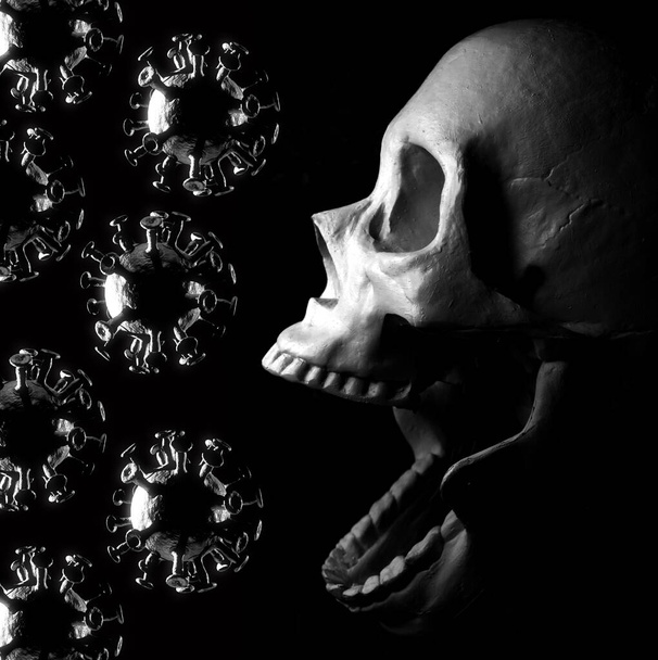 コロナウイルスの概念を持つ恐ろしい頭蓋骨は、伝染病がどれほど恐ろしいかを示すために - 写真・画像