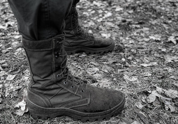 katonai cipő lehullott leveleken. férfi cipő az elesett őszi leveleken - Fotó, kép