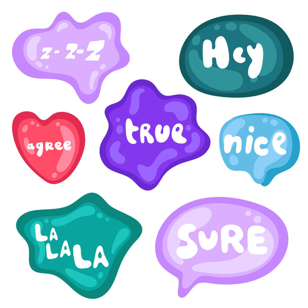 Collection of vector multicolored glossy stickers on white background. Teens millenials culture. Set of stickers on different shapes. Cool expression, slang, comics, gaming style, web, speech bubbles. - Vector, Image