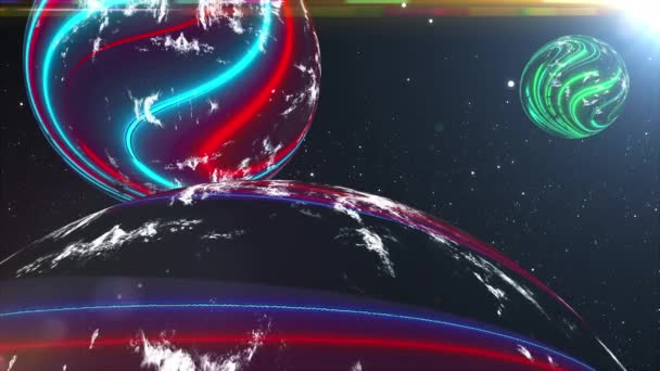 Ο υπολογιστής δημιούργησε πολύχρωμο κοσμικό τοπίο. Φουτουριστικό διάστημα με πλανήτες νέον σε έναστρο φόντο. 3d απόδοση - Πλάνα, βίντεο