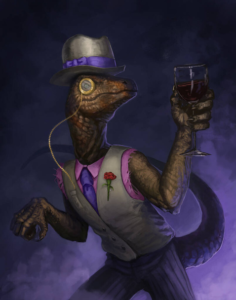 dapper velociraptor antropomórfico usando un sombrero de copa y un monóculo sosteniendo una copa de vino - pintura de fantasía digital
 - Foto, Imagen