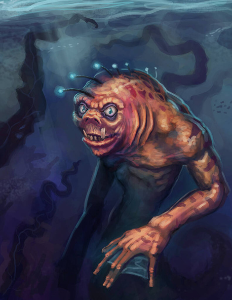Personaje monstruo criatura de mar naranja nadando en un entorno submarino azul - ilustración de fantasía digital
 - Foto, imagen