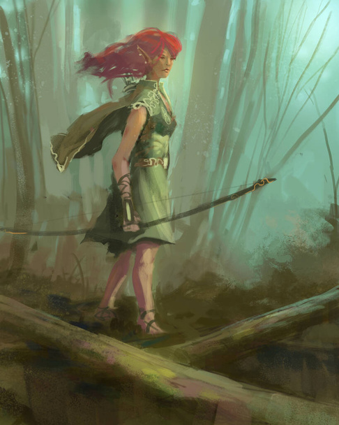 Elfo personagem ranger andando por uma floresta mágica com um arco e flecha - pintura de fantasia digital
 - Foto, Imagem