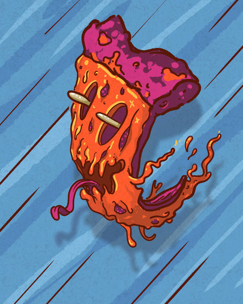 kleurrijke vliegende pizza slice in skate surf kunst urban hardcore stijl - digitale fantasie illustratie - Foto, afbeelding