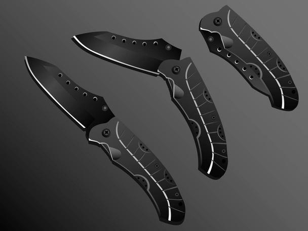 Realistic black folding pocket knife in three different positions on grey background - Vector, Image