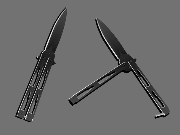 Dwa realistyczne czarne balisongs lub noże motylkowe w dwóch pozycjach na szarym tle - Wektor, obraz