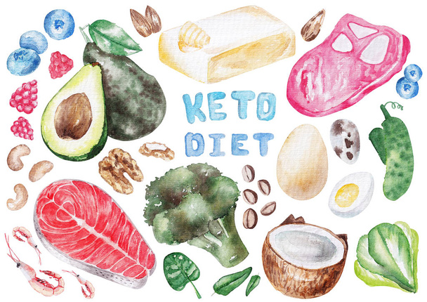 Handgetekende aquarel illustratie van de belangrijkste voedingsmiddelen op ketogene dieet geïsoleerd op witte achtergrond - Foto, afbeelding