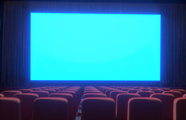 wnętrze kina kina z pustymi, czerwonymi i czarnymi fotelami z przestrzenią do kopiowania na ekranie i blaskiem na krawędzi, koncepcją rekreacji i rozrywki 3d renderowania - Zdjęcie, obraz