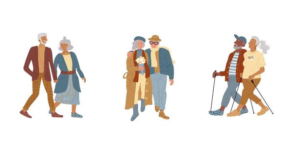 Vector illustration of active elderly couples set. Old woman and man walking, holding hands. Grandfather hugging grandmother. Grandparents training in nordic walking together. Flat character design - Vector, Image