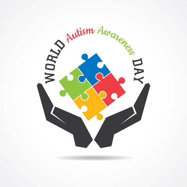 Welttag des Autismus-Bewusstseins mit bunten Rätseln und Hintergrundinformationen. Symbol für Autismus. - Vektor, Bild