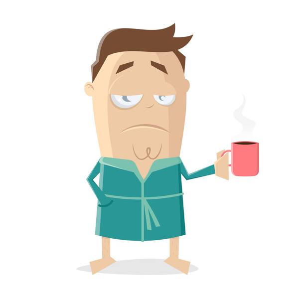 divertida ilustración de dibujos animados de un hombre en albornoz sosteniendo una taza de café
 - Vector, Imagen