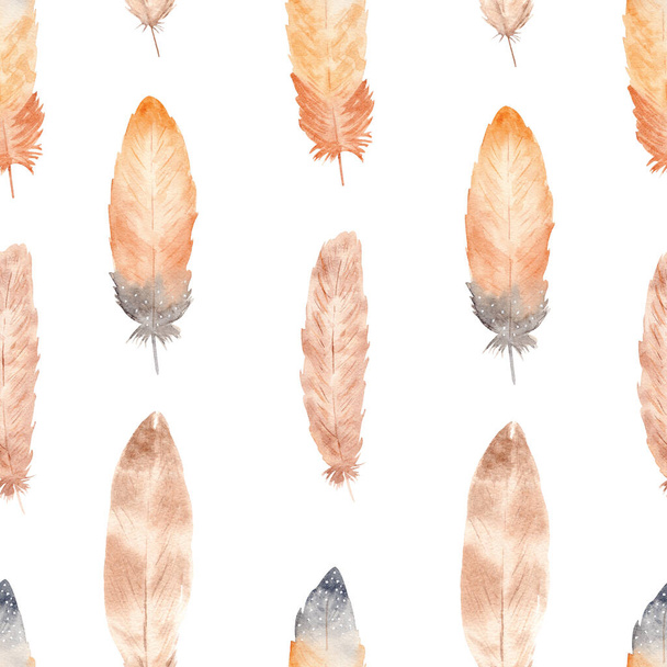 Watercolor bird feather seamless pattern for easter. Hand painted brown on white background. Wildlife illustration for design, print, fabric, textile. - Φωτογραφία, εικόνα
