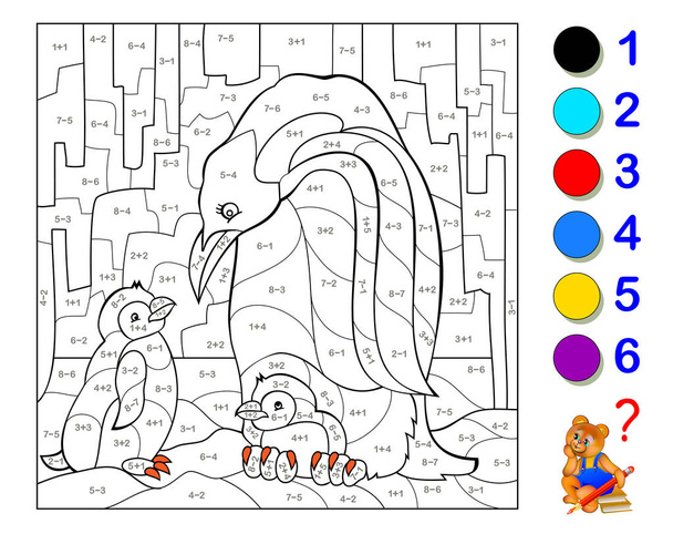 Math education for children. Coloring book. Mathematical exercises on addition and subtraction. Solve examples and paint penguins. Developing counting skills. Printable worksheet for kids textbook. - Вектор, зображення