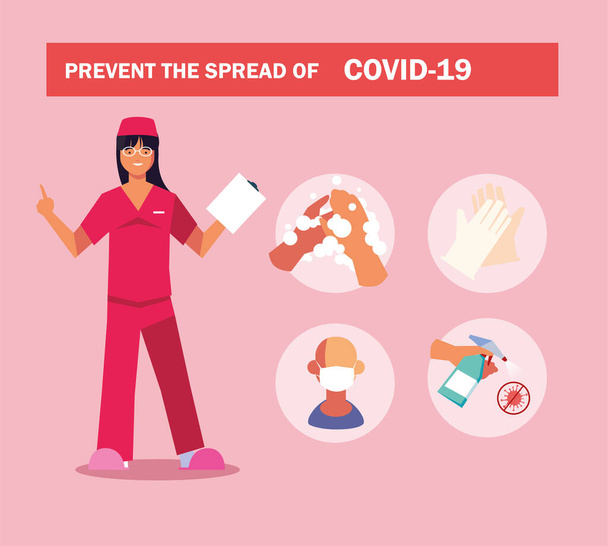 mujer médico explica infografías cómo prevenir la propagación de covid 19
 - Vector, imagen