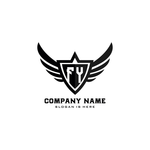 Initial letters FY shield with wings shape black monogram logo vector - Vector, Image